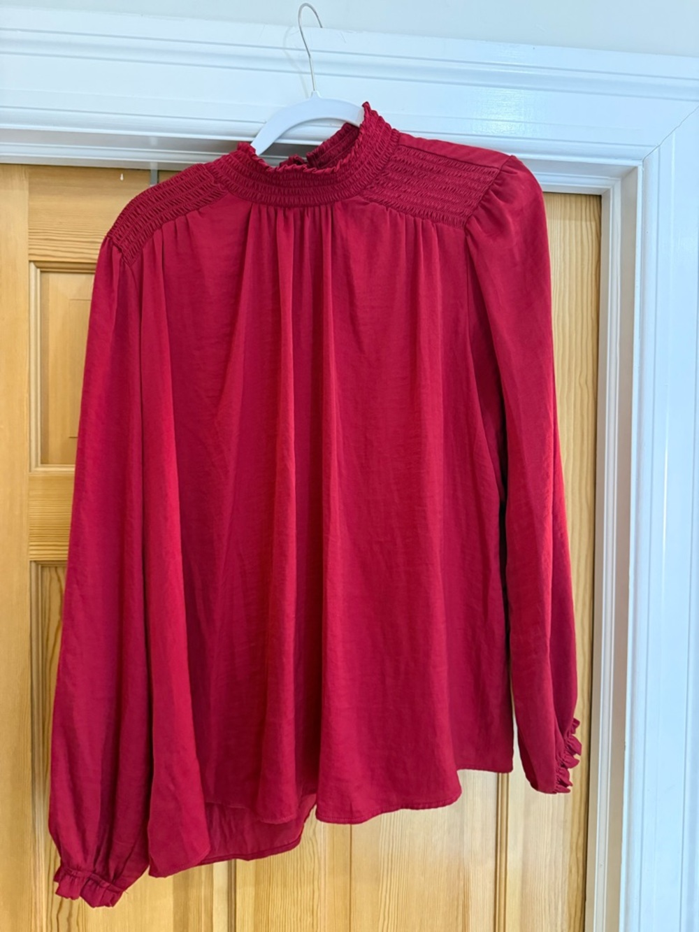 Nurture by Westbound Red Satin Smocked High-Neck Long-Sleeve Blouse